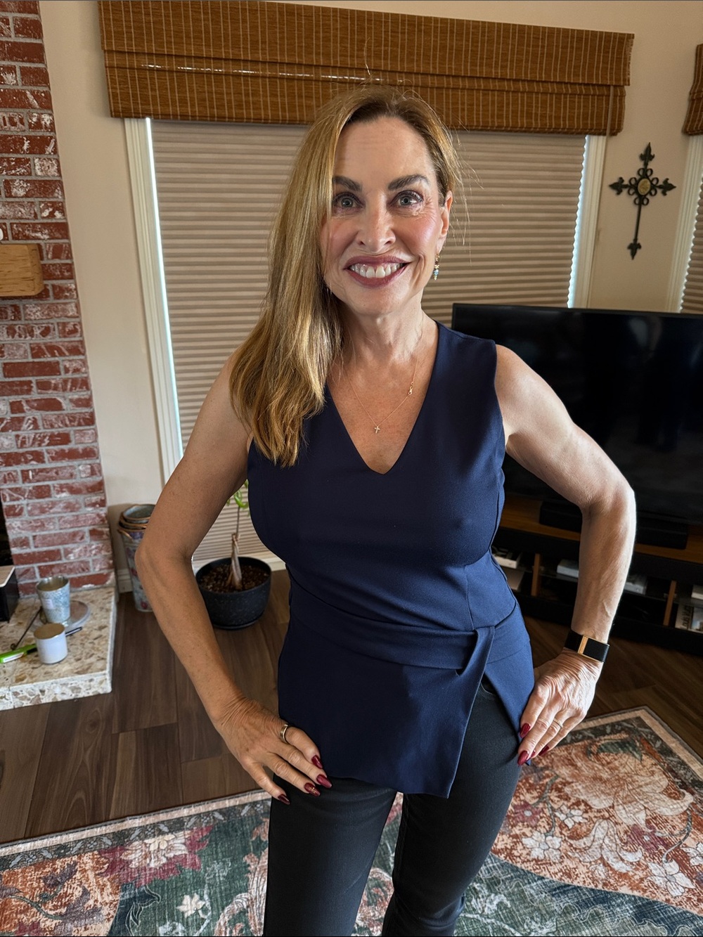 White House Black Market Navy Sleeveless Wrap V-Neck Top
